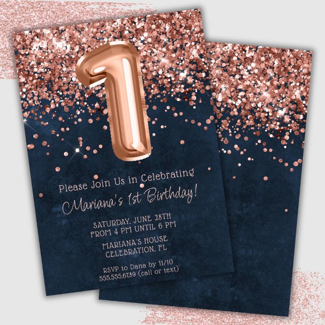 Rose Gold Navy Blue 1st Birthday Party Invitation (Creator Uploaded)
