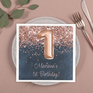 Rose Gold Navy Blue 1st Birthday Party Napkin