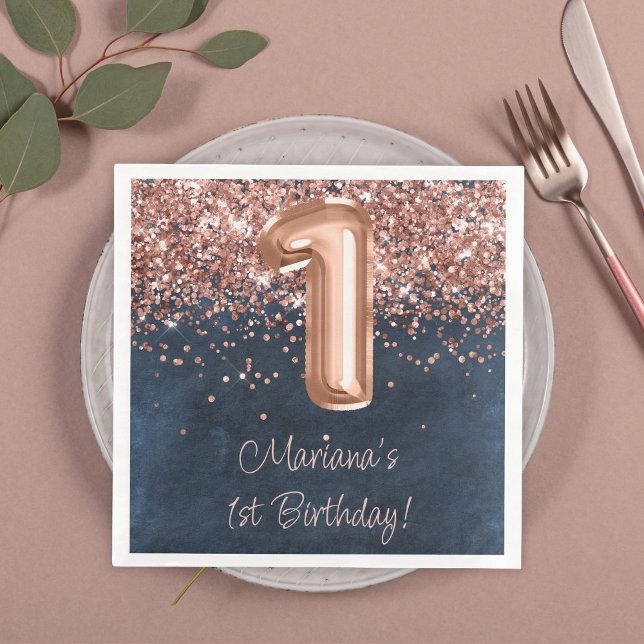  Rose Gold Navy Blue 1st Birthday Party Napkin (Creator Uploaded)