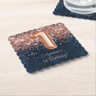 Rose Gold Navy Blue 1st Birthday Party Paper Coaster