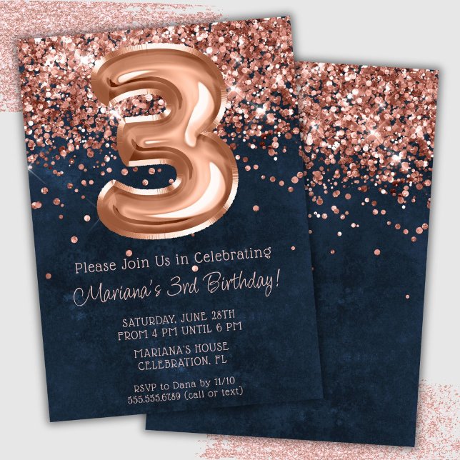 Rose Gold Navy Blue 3rd Birthday Party Invitation (Creator Uploaded)