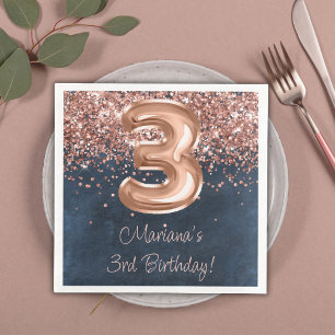 Rose Gold Navy Blue 3rd Birthday Party Napkin
