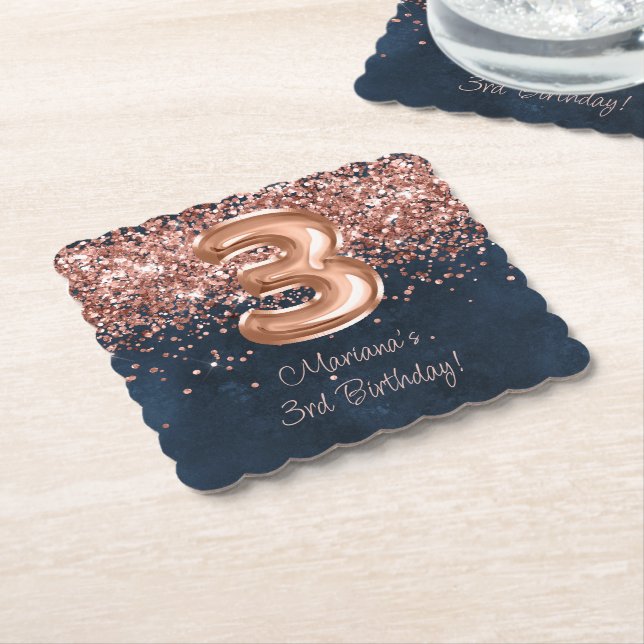  Rose Gold Navy Blue 3rd Birthday Party Paper Coaster (Angled)