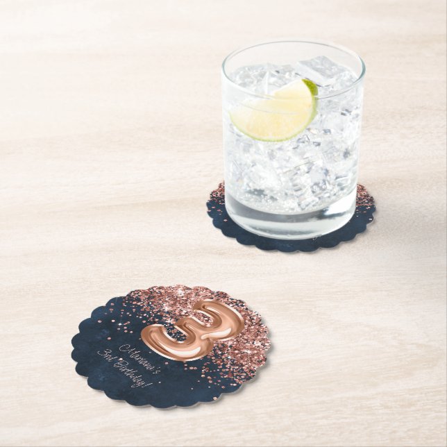  Rose Gold Navy Blue 3rd Birthday Party Paper Coaster (Insitu)