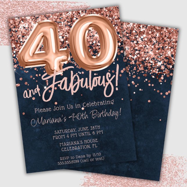 Rose Gold Navy Blue 40th Birthday Party Invitation (Creator Uploaded)