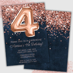 Rose Gold Navy Blue 4th Birthday Party Invitation