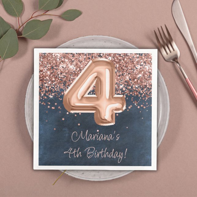  Rose Gold Navy Blue 4th Birthday Party Napkin (Creator Uploaded)