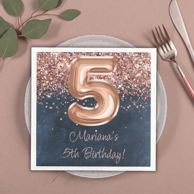  Rose Gold Navy Blue 5th Birthday Party Napkin (Creator Uploaded)