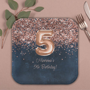 Rose Gold Navy Blue 5th Birthday Party Paper Plate