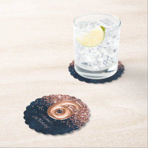 Rose Gold Navy Blue 6th Birthday Party Paper Coaster