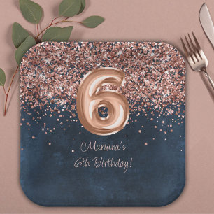 Rose Gold Navy Blue 6th Birthday Party Paper Plate