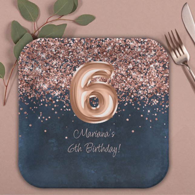  Rose Gold Navy Blue 6th Birthday Party Paper Plate (Creator Uploaded)