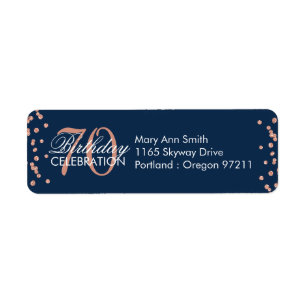 Rose Gold Navy Blue 70th Birthday Glitter Confetti Return Address Label