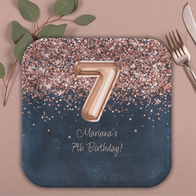  Rose Gold Navy Blue 7th Birthday Party Paper Plate (Creator Uploaded)