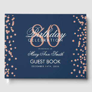 Rose Gold Navy Blue 80th Birthday Glitter Confetti Guest Book