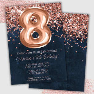 Rose Gold Navy Blue 8th Birthday Party Invitation