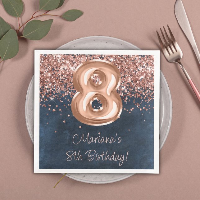  Rose Gold Navy Blue 8th Birthday Party Napkin (Creator Uploaded)