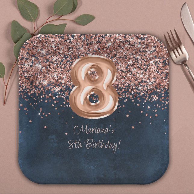 Rose Gold Navy Blue 8th Birthday Party Paper Plate (Creator Uploaded)