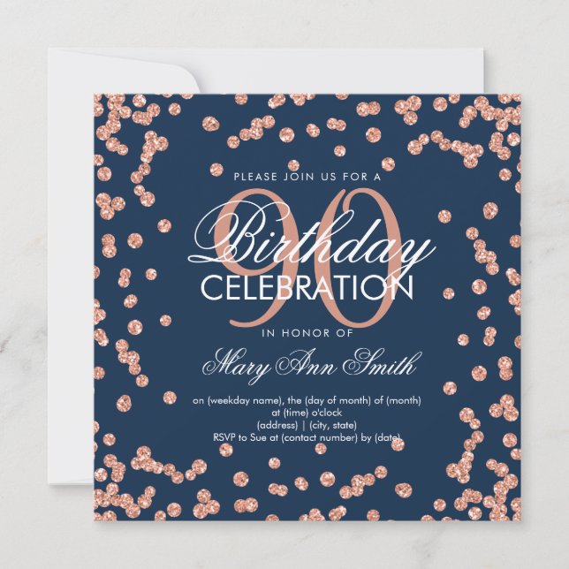 Rose Gold Navy Blue 90th Birthday Glitter Confetti Invitation (Front)