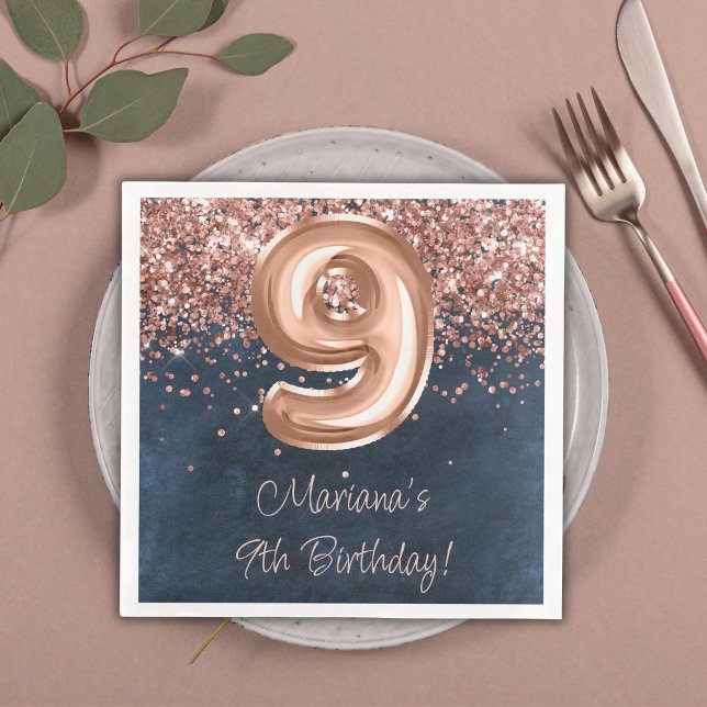  Rose Gold Navy Blue 9th Birthday Party Napkin (Creator Uploaded)