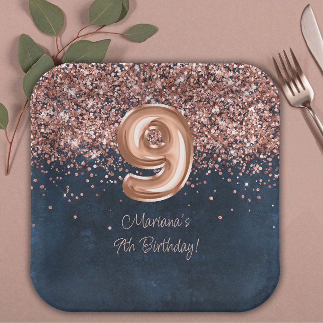 Rose Gold Navy Blue 9th Birthday Party Paper Plate (Creator Uploaded)