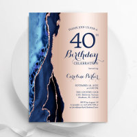 Rose Gold Navy Blue Agate 40th Birthday