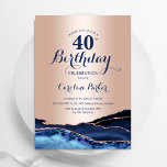 Rose Gold Navy Blue Agate 40th Birthday Invitation<br><div class="desc">Navy blue and rose gold agate 40th birthday party invitation. Elegant modern design featuring royal blue watercolor agate marble geode background,  faux glitter rose gold and typography script font. Trendy invite card perfect for a stylish women's bday celebration. Printed Zazzle invitations or instant download digital printable template.</div>
