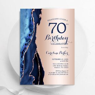 Rose Gold Navy Blue Agate 70th Birthday Invitation