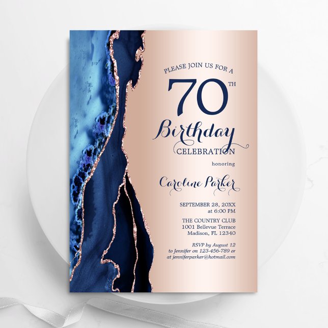 Rose Gold Navy Blue Agate 70th Birthday Invitation (Creator Uploaded)