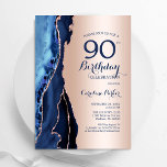 Rose Gold Navy Blue Agate 90th Birthday Invitation<br><div class="desc">Navy blue and rose gold agate 90th birthday party invitation. Elegant modern design featuring royal blue watercolor agate marble geode background,  faux glitter rose gold and typography script font. Trendy invite card perfect for a stylish women's bday celebration. Printed Zazzle invitations or instant download digital printable template.</div>