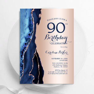 Rose Gold Navy Blue Agate 90th Birthday Invitation