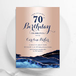 Rose Gold Navy Blue Agate Marble 70th Birthday Invitation<br><div class="desc">Navy blue and rose gold agate 70th birthday party invitation. Elegant modern design featuring royal blue watercolor agate marble geode background,  faux glitter rose gold and typography script font. Trendy invite card perfect for a stylish women's bday celebration. Printed Zazzle invitations or instant download digital printable template.</div>