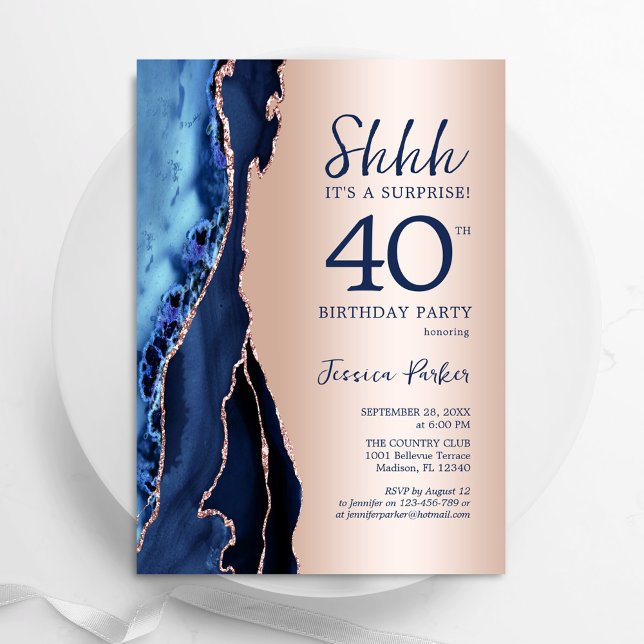 Rose Gold Navy Blue Agate Surprise 40th Birthday Invitation (Creator Uploaded)