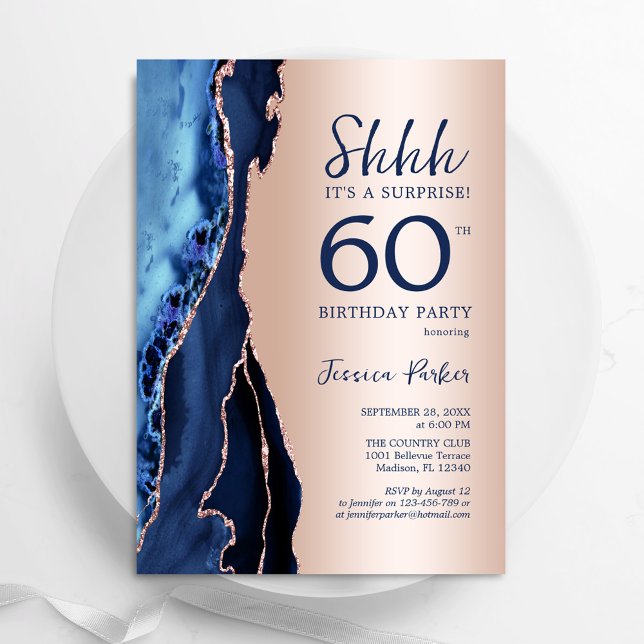 Rose Gold Navy Blue Agate Surprise 60th Birthday Invitation (Creator Uploaded)