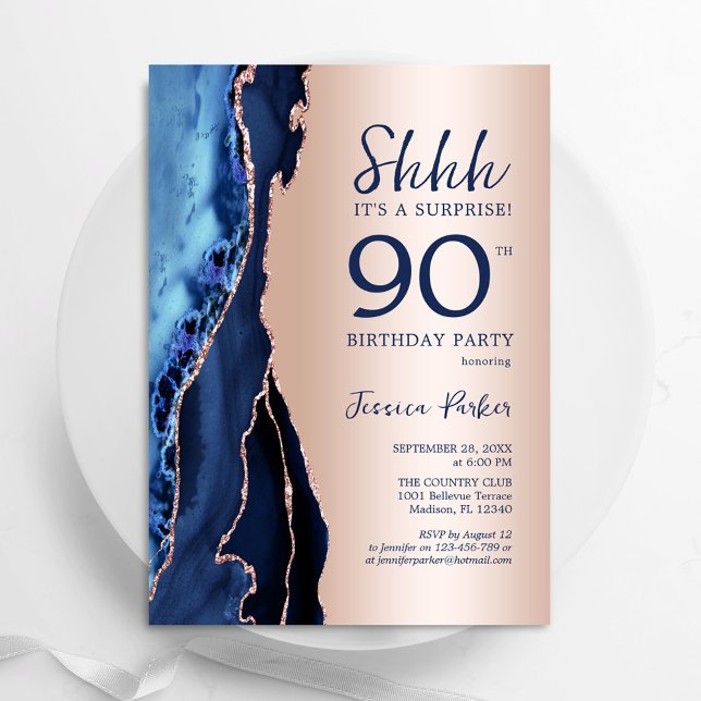 Rose Gold Navy Blue Agate Surprise 90th Birthday Invitation (Creator Uploaded)