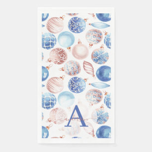 Rose Gold Navy Blue Baubles Monogrammed Christmas Napkin