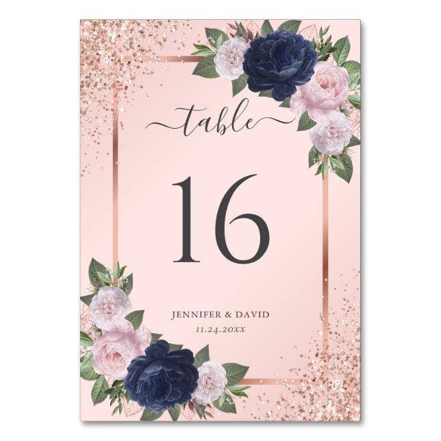 Rose Gold Navy Blue Blush Pink Floral Wedding Table Number (Front)