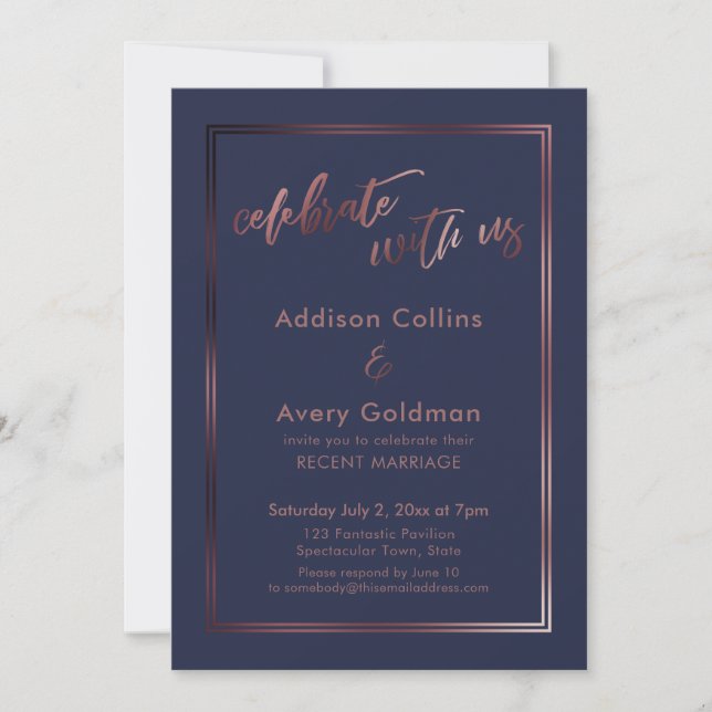 Rose Gold & Navy Blue Celebrate with Us Typography Invitation (Front)
