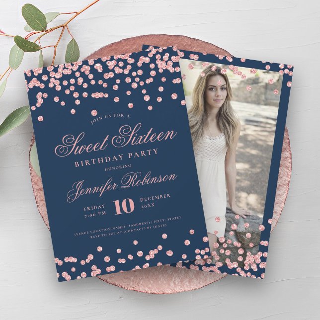 Rose Gold Navy Blue  Confetti Photo Sweet 16   Invitation (Rose Gold Navy Blue Confetti Photo Sweet 16 Invitation)