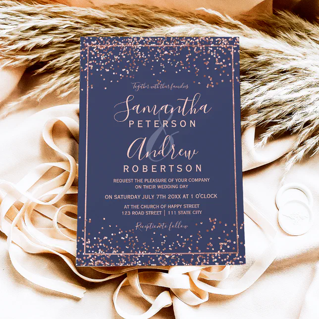 Rose gold navy blue confetti typography wedding invitation | Zazzle