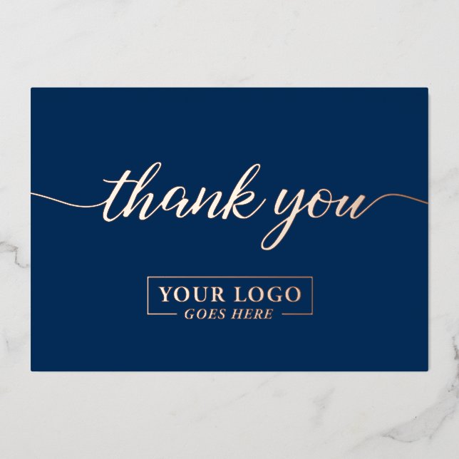 Rose Gold Navy Blue Custom Business logo Foil Holiday Card (Front)