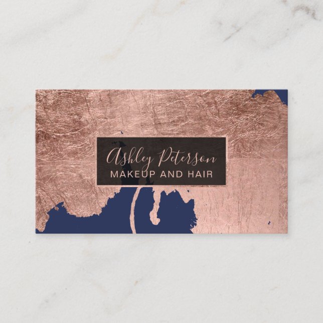 Rose gold navy blue drips hair makeup typography business card (Front)