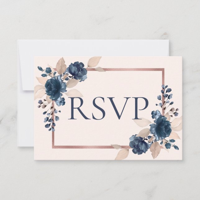 Rose Gold Navy Blue Dusty Pink Floral No Menu RSVP (Front)