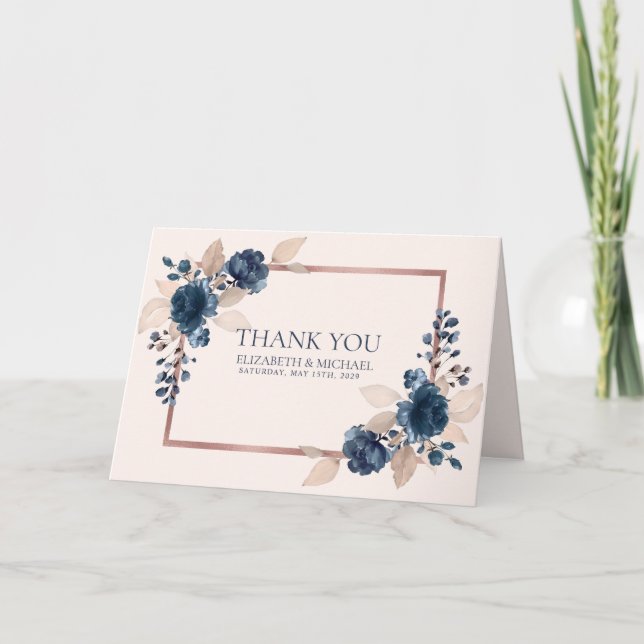 Rose Gold Navy Blue Dusty Pink Floral Thank You Card (Front)