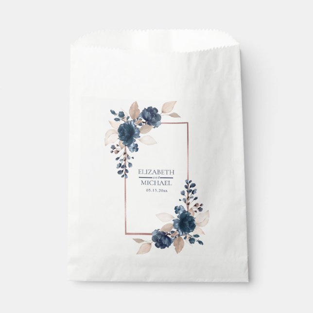 Rose Gold Navy Blue Dusty Pink Floral Wedding Favour Bag (Front)