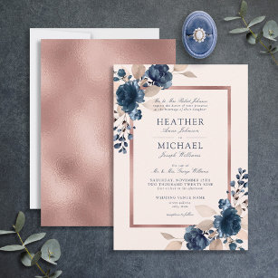 Rose Gold Navy Blue Dusty Pink Floral Wedding Invitation