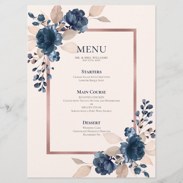 Rose Gold Navy Blue Dusty Pink Floral Wedding Menu (Front)