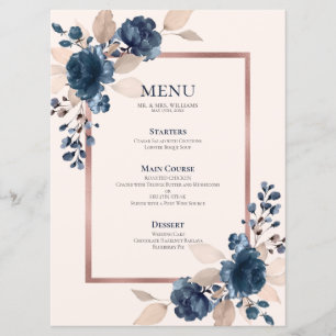 Rose Gold Navy Blue Dusty Pink Floral Wedding Menu