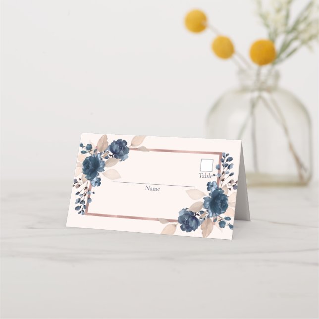 Rose Gold Navy Blue Dusty Pink Floral Wedding Place Card (Front)