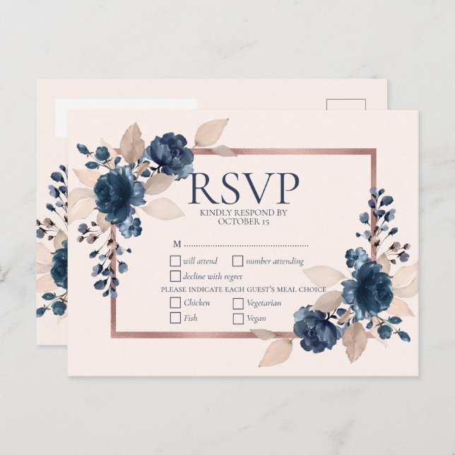 Rose Gold Navy Blue Dusty Pink Floral Wedding RSVP Invitation Postcard (Front/Back)